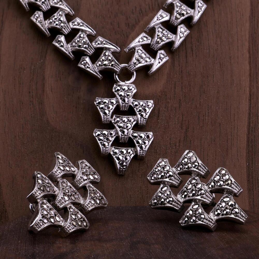 Vintage KD Kilmer & Daniel Art Deco Sterling Marcasite Necklace and Earring Set - Picture 7 of 11